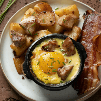 Image recette : Œufs cocotte à la poêlée à la truffe, lard croustillant